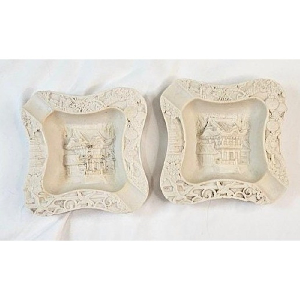 Vintage Pair Carved Resin Japanese Pagoda Dragon Ashtrays Cream Faux Cinnabar